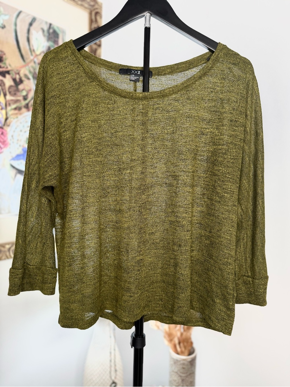 Forever 21 XXI L Olive Gold Metallic Sheer Knit 3/4 Sleeve Blouse Top